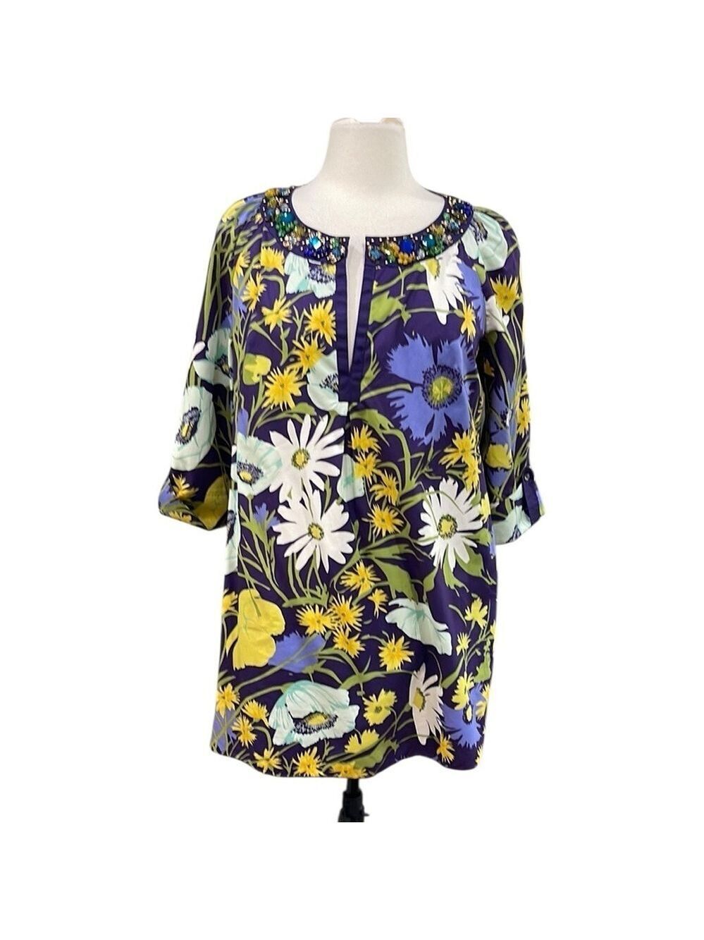 Rebecca Taylor Bead Rhinestone Trim Tunic Mini Dress 3/4 Sleeve SZ 10 Purple